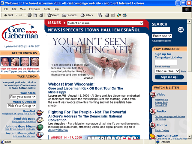 Al Gore 2000 Website, August 18, 2000